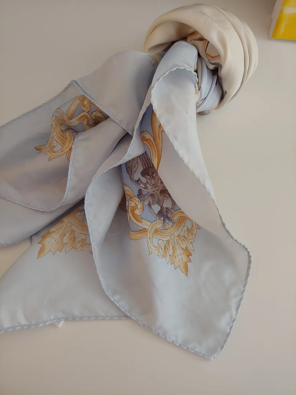 Elegant Light Blue Scarf Silk Scarf with Gold Baroque Accent